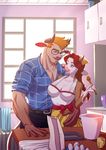  2016 alanscampos anthro beard belt big_breasts blue_eyes bovine breasts brown_horn bucket cleavage clothed clothing duo egg eyewear facial_hair female glasses grey_horn hair horn inside kitchen larger_male long_hair male male/female mammal melisa muscular orange_hair pants purple_eyes red_hair rick_(alanscampos) romantic_couple shirt size_difference skirt smaller_female smile spoon teeth tongue towel window 