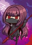  april_fools bodysuit chibi covered_navel face_mask fate/grand_order fate_(series) gae_bolg holding holding_weapon long_hair mask official_art polearm purple_hair red_eyes riyo_(lyomsnpmp) scathach_(fate)_(all) scathach_(fate/grand_order) solo spear weapon 
