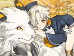  bad_id bad_pixiv_id blue_eyes gokotai gokotai's_tigers hair_over_one_eye hat heterochromia kiwame_(touken_ranbu) male_focus sando_(310_sand) shorts slit_pupils smile tiger touken_ranbu white_hair white_tiger yellow_eyes 