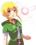  belt blonde_hair blue_eyes braid capelet choker collarbone fairy gem glint green_capelet hood hood_down linkle looking_at_viewer open_mouth pochita pointy_ears short_sleeves sidelocks simple_background solo standing the_legend_of_zelda twin_braids upper_body white_background zelda_musou 