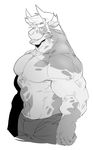  black_and_white clothed clothing dragon horn kokuhane male monochrome muscular pecs scalie smile solo tongue topless 