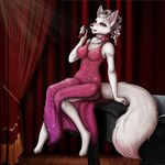  anthro barefoot bow_tie breasts canine cleavage clothed clothing dress female five_nights_at_freddy&#039;s five_nights_at_freddy&#039;s_2 fluffy fluffy_tail fox fur furrification hair kraven-gothly makeup mammal mangle_(fnaf) microphone musical_instrument piano pink_fur sitting slit_dress solo video_games white_fur white_hair yellow_eyes 