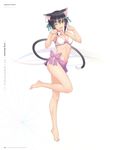  animal_ears bikini_top black_hair breasts brown_eyes bun_cover cat_ears cat_tail cleavage highres leg_lift long_legs medium_breasts non-web_source one_eye_closed open_mouth paw_pose sarong scan scan_artifacts shaomei_rin shining_(series) shining_hearts short_hair simple_background smile solo swimsuit tail tanaka_takayuki white_background 