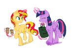  2016 bag beverage coffee cup duo equestria_girls equine female food friendship_is_magic hi_res horn mammal my_little_pony silfoe simple_background sunset_shimmer_(eg) twilight_sparkle_(mlp) unicorn white_background winged_unicorn wings 