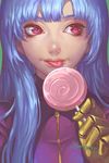  blue_hair candy food gloves highres kula_diamond lollipop long_hair red_eyes smile solo spade-m the_king_of_fighters 