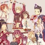  6+girls antique_camera arms_behind_back black_hair blonde_hair blue_eyes blush bouquet bow braid brown_eyes brown_hair cake camera china_dress chinese_clothes closed_eyes curly_hair dog dougi dress earrings flower food freckles fujieda_kaede glasses grey_hair hair_bow hair_over_one_eye hairband hakama hand_on_own_cheek hands_on_lap hat iris_chateaubriand japanese_clothes jean-paul jewelry kanzaki_sumire kimono kirishima_kanna lavender_background leni_milchstrasse looking_at_another looking_to_the_side maria_tachibana meiji_schoolgirl_uniform multiple_girls necklace obi oogami_ichirou oven_mitts pants paper_chain party party_hat pink_bow plate purple_hair red_bow red_dress red_hair red_shirt reverse_trap ri_kouran rose sakura_taisen sakura_taisen_ii sash shinguuji_sakura shirt short_hair simple_background sitting skirt snack soletta_orihime soup spiked_hair steam strapless strapless_dress stuffed_animal stuffed_toy table teddy_bear tongue tongue_out twin_braids wato 