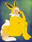  abdl anthro carnival-tricks costume diaper eeveelution encasement female fur hair hi_res hypnosis jolteon mind_control nintendo pink_eyes pok&eacute;mon rubber rubber_suit sitting smile solo tongue video_games white_fur white_tail yellow_ears yellow_suit 