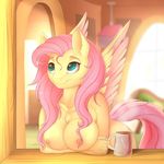  2016 anthro anthrofied breasts clothing cup equine evehly eyelashes feathered_wings feathers female fluttershy_(mlp) friendship_is_magic fur hair inside long_hair mammal my_little_pony nude panties pegasus pink_hair smile solo underwear wings yellow_fur 