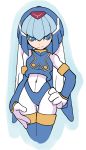  android blue_eyes cowboy_shot cropped_legs female hand_on_hip hands_on_hips helmet leviathan_(rockman) looking_at_viewer muu_(mumumer) rockman rockman_zero simple_background solo 