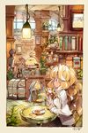  2girls annie_berton artist_name bird blonde_hair book bookshelf border bottle chair closed_eyes coffee cup holding holding_cup indoors lamp long_hair matsuda_(matsukichi) multiple_girls original photo_(object) plant potted_plant profile restaurant saucer sitting sleeping solo_focus table teacup tori_(matsuda_(matsukichi)) wavy_hair 