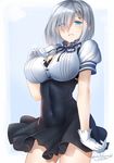  black_bra black_dress blue_eyes blush bra breasts cowboy_shot dated dress eyes_visible_through_hair gloves hair_ornament hair_over_one_eye hairclip hamakaze_(kantai_collection) kantai_collection large_breasts looking_at_viewer okitakung parted_lips puffy_short_sleeves puffy_sleeves ribbon short_hair short_sleeves signature silver_hair skin_tight solo unbuttoning underwear white_gloves 