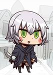  :d april_fools blush_stickers chibi cloak dual_wielding fate/apocrypha fate/grand_order fate_(series) green_eyes holding holding_knife jack_the_ripper_(fate/apocrypha) knife official_art open_mouth riyo_(lyomsnpmp) scar silver_hair smile solo thighhighs 