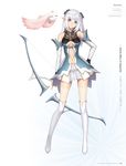  altina_(shining_blade) bare_shoulders blue_eyes blush bow_(weapon) elf full_body hair_ornament hand_on_hip highres long_hair looking_at_viewer navel pointy_ears shining_(series) shining_blade skirt solo tanaka_takayuki thighhighs weapon white_hair 