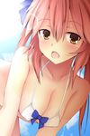  animal_ears bikini breasts cleavage collarbone covered_nipples fang fate/extra fate_(series) fox_ears hair_ribbon highres large_breasts looking_at_viewer open_mouth pink_hair ribbon solo swimsuit tamamo_(fate)_(all) tamamo_no_mae_(fate) winter_(winterinkoakuma) yellow_eyes 