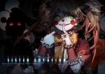  baby_(fnaf) black_bow blonde_hair blood blood_splatter bow character_request clown_mask copyright_name doll_joints english finger_to_mouth five_nights_at_freddy's five_nights_at_freddy's:_sister_location frills glint gloves green_eyes grin hair_bow holding holding_microphone jewelry kawacy long_hair microphone red_eyes ring smile twintails white_gloves wrist_cuffs yellow_bow 