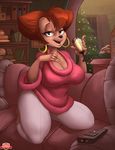  anthro atryl black_eyes breasts brown_hair canine cleavage clothed clothing detailed_background disney ear_piercing female goof_troop hair holding_glass holding_object inside looking_at_viewer mammal mature_female peg_pete piercing slightly_chubby solo thick_thighs 