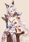  animal_ears armor armored_boots armored_dress boots braid breasts brown_eyes cat_ears cleavage dress elbow_gloves erune gloves granblue_fantasy hair_between_eyes hair_intakes hair_tubes hairband heles huge_breasts long_hair okino_ryuuto short_dress silver_hair single_braid sitting smile solo thighhighs very_long_hair white_dress 