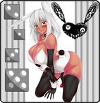  absurdres animal_ears bad_id bad_pixiv_id bell bell_choker black_border black_gloves black_legwear blush border breasts bunny_ears bunny_girl bunny_tail bunnysuit choker cleavage elbow_gloves gloves highres huge_breasts ill kneeling long_hair looking_at_viewer open_mouth original red_eyes solo tail tattoo tears thighhighs white_hair wrist_cuffs 