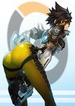  ass bodysuit bomber_jacket brown_eyes brown_hair commentary_request goggles goomrrat gun handgun jacket leaning_forward looking_at_viewer orange_bodysuit overwatch parted_lips pistol short_hair smile solo spiked_hair thighs tight tracer_(overwatch) weapon 
