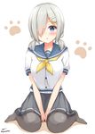  :o alternate_hairstyle between_legs black_legwear blue_eyes blush breasts buttons chaa_(korone-ze) hair_ornament hair_over_one_eye hairclip hamakaze_(kantai_collection) hand_between_legs highres kantai_collection large_breasts looking_at_viewer low_twintails neckerchief no_gloves pantyhose paw_print pleated_skirt school_uniform serafuku short_hair short_sleeves short_twintails silver_hair sitting skirt solo twintails twitter_username v_arms wariza yellow_neckwear 