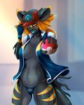  2016 anthro areola big_breasts black_nose black_skin blue_lips blue_skin breasts clothed clothing english_text female fish grey_skin hair hat jacket long_hair looking_at_viewer marine multicolored_skin myron_aozora navel nintendo orange_eyes orange_hair orange_skin pacevanrign partially_clothed pok&eacute;ball pok&eacute;mon pok&eacute;mon_trainer shark simple_background skimpy smile solo stripes text thong video_games 