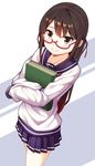  book brown_eyes brown_hair glasses hair_ribbon highres long_hair long_sleeves muramura pleated_skirt ribbon school_uniform semi-rimless_eyewear serafuku skirt smile solo 