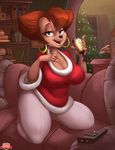  anthro atryl black_eyes breasts brown_hair canine cleavage clothed clothing detailed_background disney ear_piercing female goof_troop hair holding_glass holding_object inside looking_at_viewer mammal mature_female peg_pete piercing slightly_chubby solo thick_thighs 