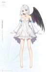  artist_name bare_legs bare_shoulders barefoot black_wings blue_eyes breasts character_name cleavage collarbone copyright_name criss-cross_halter detached_sleeves dress feathered_wings full_body hair_ornament halterneck head_tilt highres looking_at_viewer panis_angelicus shining_(series) shining_ark shining_world short_hair silver_hair simple_background single_wing sleeveless sleeveless_dress small_breasts smile solo standing tanaka_takayuki white_background white_dress wings 