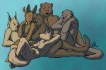  anthro blush breasts canid canine canis cervid cuddle_puddle digital_media_(artwork) dog domestic_cat felid feline felis female fur group hug kitterjitters lion lying male mammal mustelid nude otter pantherine simple_background sitting smile ursine wolf 