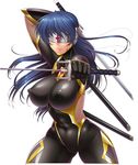  blue_hair bodysuit breasts covered_eyes female katana large_breasts legs long_hair ninja shika_asatsuki smile solo sword taimanin_asagi taimanin_asagi_battle_arena visor weapon zol 