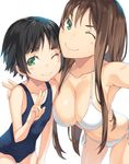  :&gt; ;) armpits bangs bikini black_hair blue_swimsuit blurry blush breasts brown_hair cleavage closed_mouth collarbone cowboy_shot depth_of_field eyebrows eyebrows_visible_through_hair eyelashes green_eyes hand_on_another's_shoulder hand_on_own_thigh kimura_(ykimu) large_breasts leaning_forward legs_apart long_hair looking_at_viewer multiple_girls navel old_school_swimsuit one-piece_swimsuit one_eye_closed original school_swimsuit short_hair side-tie_bikini simple_background smile stomach swimsuit taking_picture v white_background white_bikini 