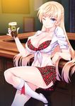  ;) alcohol bar beer bikini bikini_top black_footwear blonde_hair blue_eyes blush breasts cleavage closed_mouth collarbone collared_shirt cup drinking_glass foam front-tie_top head_tilt high_heels highres holding holding_cup indoors kneehighs large_breasts leaning light looking_at_viewer matsuryuu mattress mayuri_mariani midriff nail_polish navel one_eye_closed open_clothes open_shirt original picture_(object) picture_frame pink_nails plaid plaid_bikini plaid_skirt red_bikini_top red_skirt shirt shoes short_sleeves skirt smile solo standing standing_on_one_leg stomach swimsuit tied_shirt white_legwear wing_collar 