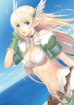  adjusting_hair belt belt_pouch blonde_hair blue_eyes blue_sky breasts choker cleavage cleavage_cutout cloud cloudy_sky day dutch_angle elf elwing feathers fingerless_gloves frilled_choker frills gloves green_gloves groin hairband head_wings highres large_breasts long_hair midriff navel ocean pointy_ears pouch puffy_short_sleeves puffy_sleeves shining_(series) shining_ark short_sleeves skirt sky solo tanaka_takayuki water 