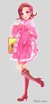  boots bow brown_hair diamond_wa_kudakenai dress full_body hair_bow hairband high_heel_boots high_heels highres jojo_no_kimyou_na_bouken leg_up open_mouth outline pink_dress pink_eyes portfolio riako skirt_hold smile solo sugimoto_reimi twitter_username 