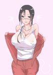  absurdres bare_shoulders black_hair breasts cleavage demi-chan_wa_kataritai demon_girl glasses heart heart-shaped_pupils highres huge_breasts long_hair red_eyes satou_sakie smile solo succubus symbol-shaped_pupils tank_top webslinger 