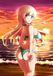  aqua_eyes ass beach bikini blonde_hair breasts covered_nipples green_bikini highres large_breasts long_hair makumaxu ocean senran_kagura senran_kagura_shoujo-tachi_no_shin'ei smile solo standing sunset swimsuit yomi_(senran_kagura) 