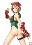  ass beret blonde_hair breasts cammy_white cammy_white_(cosplay) cosplay covered_nipples djeeta_(granblue_fantasy) fighting_stance fingerless_gloves from_side garrison_cap gloves granblue_fantasy green_leotard hat highleg highleg_leotard highres leotard looking_at_viewer medium_breasts michitarou ribbed_leotard serious short_hair simple_background solo street_fighter thighs thong_leotard white_background 