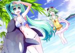  54hao aqua_eyes aqua_hair arm_up armpits bad_id bad_pixiv_id bikini closed_eyes cloud day dutch_angle goggles goggles_on_head green_eyes green_hair gumi hatsune_miku highres inflatable_orca inflatable_toy innertube lens_flare long_hair multiple_girls navel one-piece_swimsuit open_mouth outdoors palm_tree sky swimsuit thigh_gap tree twintails very_long_hair vocaloid wading water 