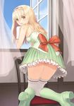  arm_support bare_shoulders blonde_hair boots bow brown_eyes dress elmina_(shining_wind_x) frilled_legwear frilled_skirt frills from_behind gloves green_dress green_footwear hairband highres knee_boots kneeling knees_together_feet_apart legs long_hair looking_at_viewer looking_back miniskirt open_mouth petticoat ribbon shining_(series) shining_wind shining_wind_x skirt smile solo tanaka_takayuki thighhighs white_gloves window 