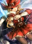  arcane_sword_(granblue_fantasy) black_legwear blonde_hair brown_eyes cape djeeta_(granblue_fantasy) gloves granblue_fantasy hat hat_feather pantyhose rina2627 short_hair solo sword twitter_username weapon 