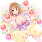  blush breasts brown_eyes brown_hair cleavage cream food fruit hair_ornament idolmaster idolmaster_cinderella_girls large_breasts looking_at_viewer melty_sweet_(idolmaster) mimura_kanako navel oshiri_(12764076) short_hair smile solo strawberry wand 