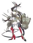  anthro armor black_hair breasts claws clothed clothing female hair high_heels horn long_hair midriff navel ranged_weapon red_eyes skirt solo talons unknown_species weapon 鷹月ナト（元月鷹毘） 
