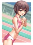  :d bare_shoulders black_eyes black_hair blush crop_top flat_chest from_side hands_clasped highres idolmaster idolmaster_cinderella_girls interlocked_fingers midriff navel nekopuchi open_mouth otokura_yuuki own_hands_together short_hair smile solo sports_bikini track track_and_field track_uniform 