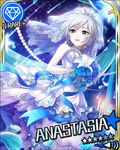  anastasia_(idolmaster) artist_request blue_dress blue_eyes blue_wedding_dress bouquet card_(medium) character_name crown diamond_(symbol) dress earrings flower idolmaster idolmaster_cinderella_girls jewelry necklace official_art petals short_hair silver_hair smile solo strapless strapless_dress veil wedding_dress 