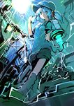  blue_eyes blue_hair electricity female from_below hair_ornament hat jetpack kamindani kawashiro_nitori science_fiction short_twintails shorts solo touhou twintails 