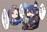  chibi commentary crossed_legs eyepatch fingerless_gloves food gloves kantai_collection looking_at_viewer mechanical_halo multiple_girls popcorn purple_eyes purple_hair short_hair sitting smile tatsuta_(kantai_collection) tenryuu_(kantai_collection) thighhighs translated yellow_eyes yuuzii 
