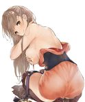  ass back bangs belt black_legwear breasts brown_hair closed_mouth corset covering covering_breasts deep_skin dripping from_behind hair_down hand_on_breast hand_on_own_neck highres japanese_clothes kajika_(kabaneri) koutetsujou_no_kabaneri large_breasts long_hair looking_at_viewer looking_back over-kneehighs seiza sideboob simple_background sitting skin_tight smile solo thighhighs tokopi unbuckled_belt water_drop wet wet_hair white_background yellow_eyes 