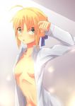  ahoge artoria_pendragon_(all) blonde_hair blush breasts bright_(long-ago) cleavage fate/stay_night fate_(series) green_eyes groin highres medium_breasts open_clothes open_mouth open_shirt saber shirt sidelocks solo 