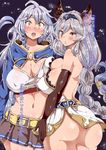  :o ahoge animal_ears ass backless_outfit belt blush braid breasts brown_eyes cleavage cowboy_shot erune granblue_fantasy heles highres large_breasts long_hair midriff multiple_girls open_mouth silva_(granblue_fantasy) silver_hair skirt translation_request twin_braids yac_(mokkori) yellow_eyes 