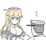  1girl admiral_(kantai_collection) bangs blonde_hair blue_eyes breasts cleavage commentary_request elbow_gloves epaulettes gloves hat iowa_(kantai_collection) kantai_collection large_breasts looking_at_breasts military military_hat military_uniform mo_(kireinamo) outstretched_arms peaked_cap shirt sweatdrop tied_shirt trembling uniform 